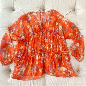 Easel Orange Floral Long Sleeve Sheer Blouse